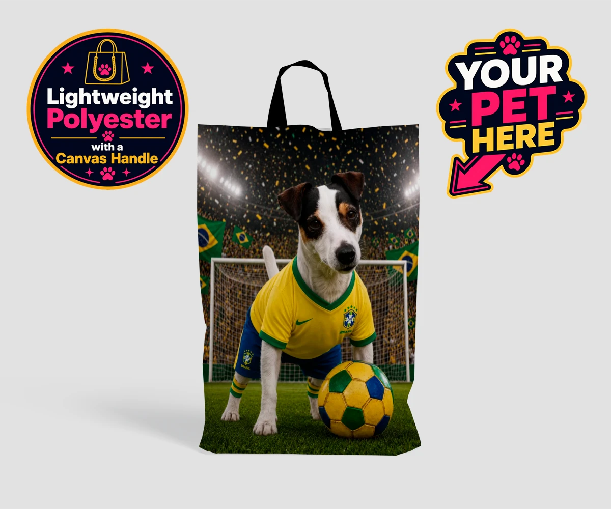 Personalised shopping bag featuring Brazil Footballer dog portrait in yellow and green jersey