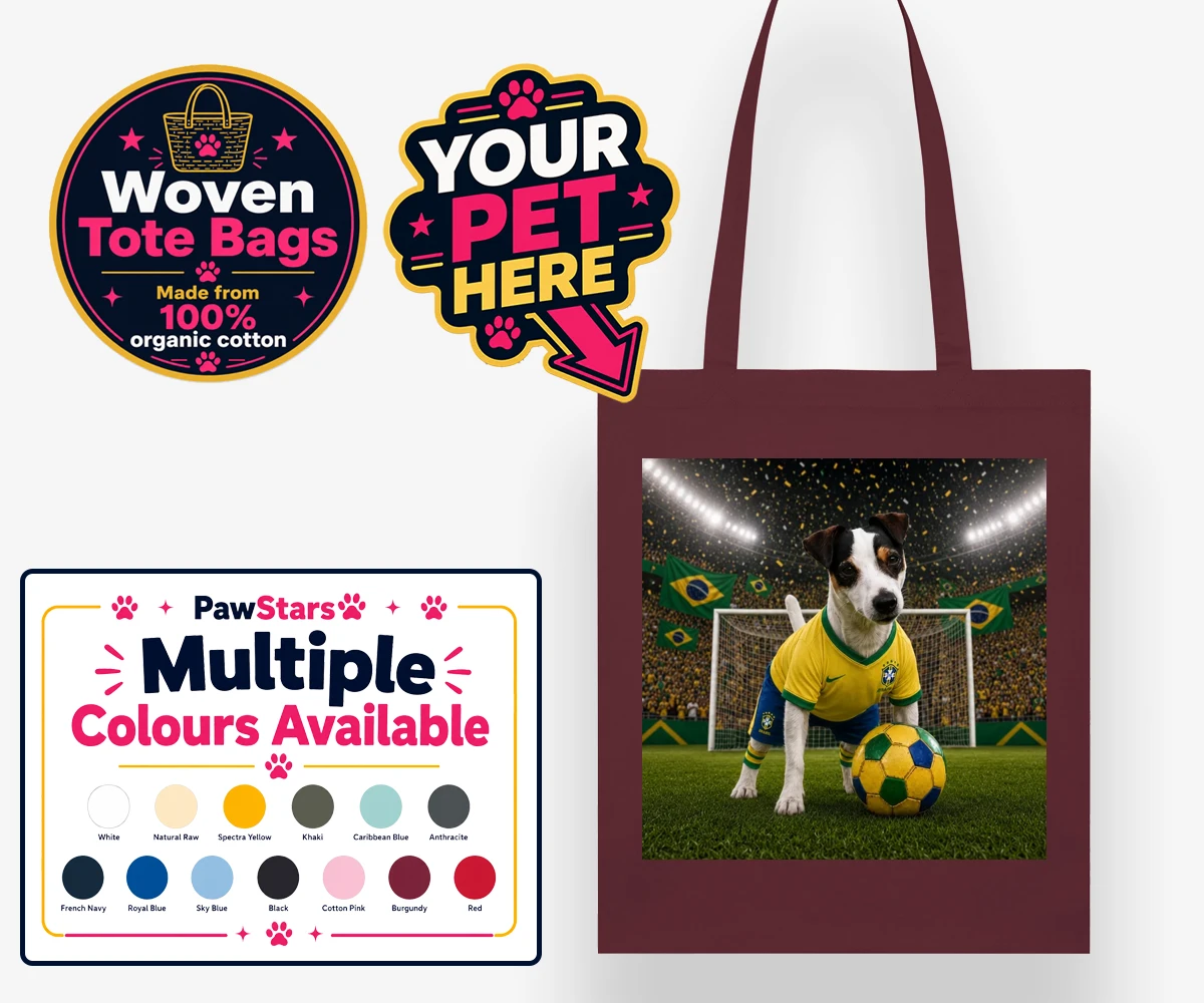 Personalised Brazil Footballer Dog woven tote bag featuring a dog in a yellow and green jersey on a football stadium background