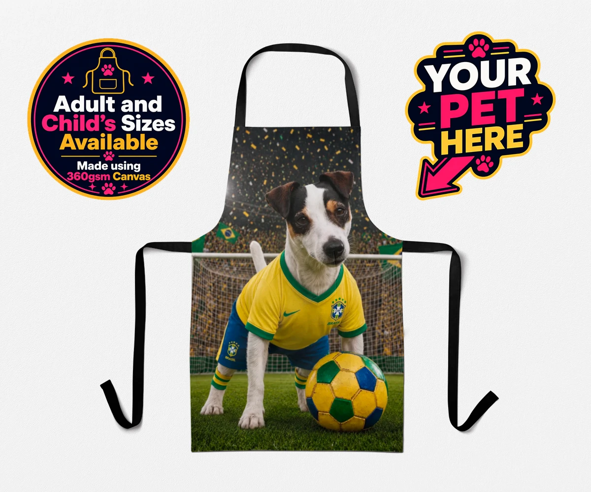 Personalised Brazil Footballer dog apron featuring a dog in a yellow and green jersey