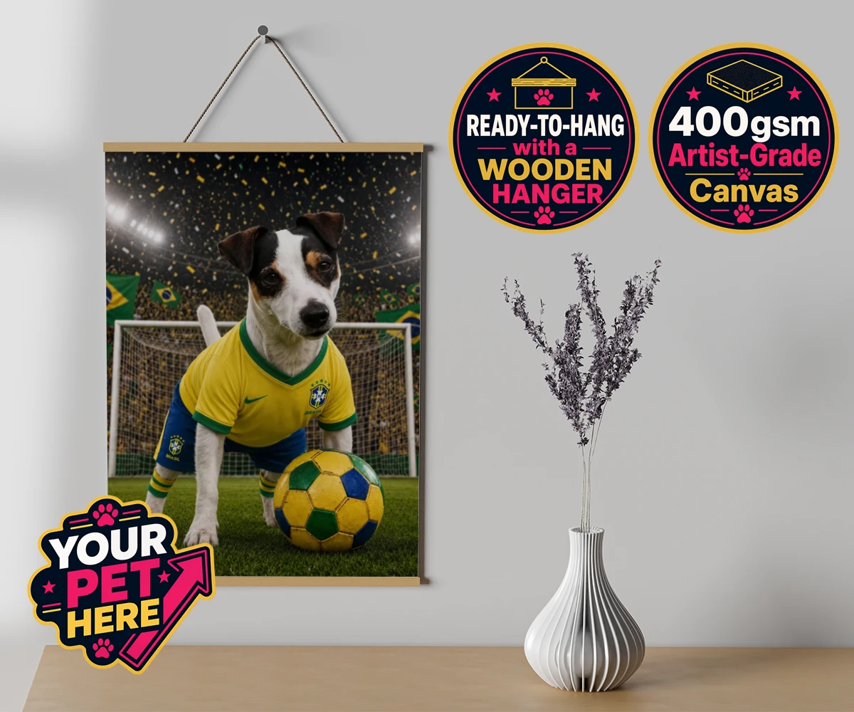 Personalised Brazil Footballer dog canvas poster prints with hanger featuring celebrate your furry champion with the Brazil Footballer pet portrait