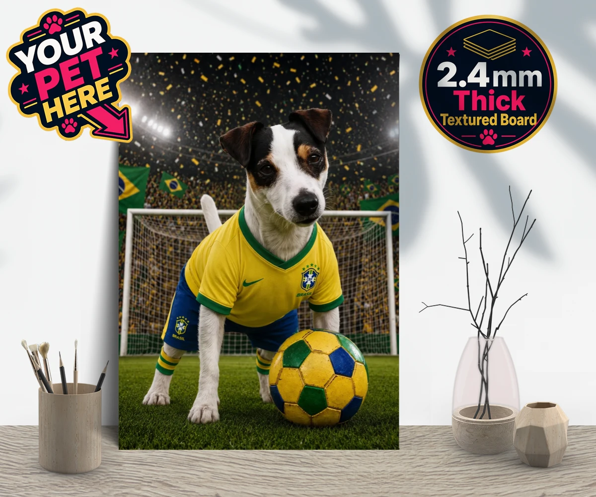 Personalised Brazil Footballer dog gallery boards featuring celebrate your furry champion with the Brazil Footballer pet portrait