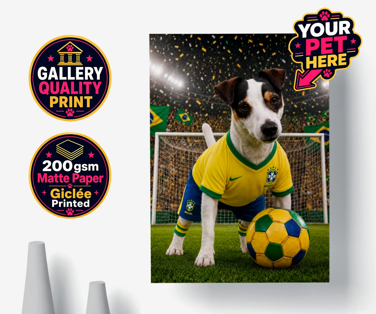 Personalised Brazil Footballer dog premium poster print featuring celebrate your furry champion with the Brazil Footballer pet portrait