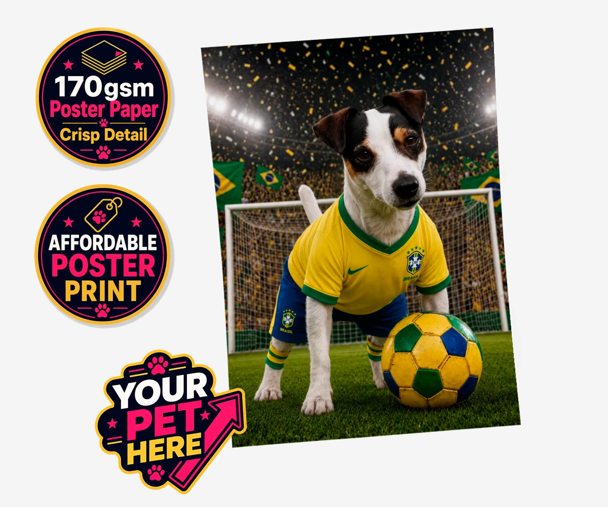 Personalised Brazil Footballer dog standard poster print featuring celebrate your furry champion with the Brazil Footballer pet portrait