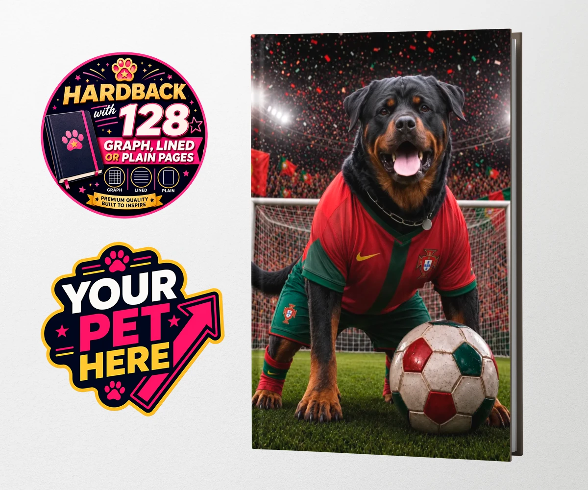 Personalised Portugal Footballer dog hardback notebooks featuring where your furry friend becomes the star of the pitch!