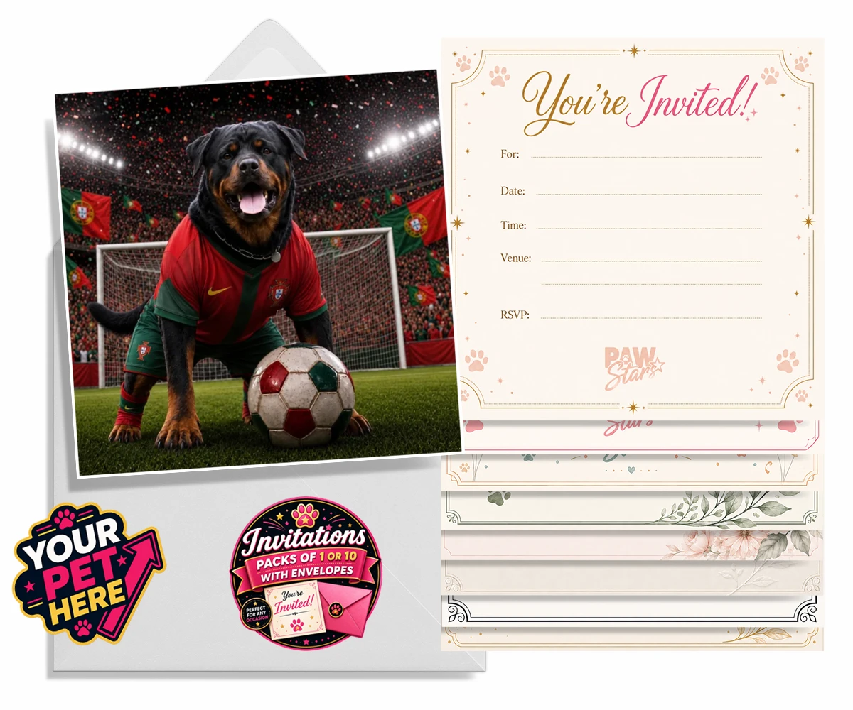 Personalised Portugal Footballer dog invitations featuring where your furry friend becomes the star of the pitch!