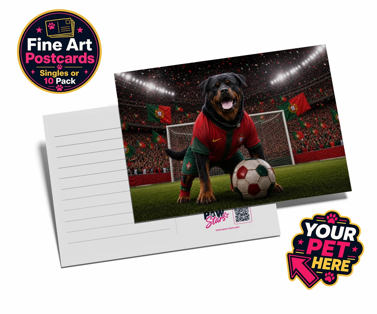 Personalised Portugal Footballer dog postcards featuring where your furry friend becomes the star of the pitch!