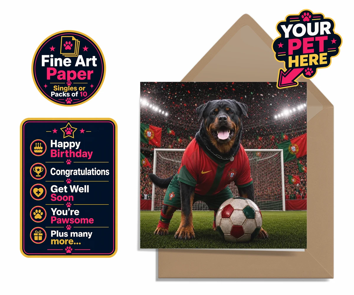 Personalised Portugal Footballer dog premium greetings cards featuring where your furry friend becomes the star of the pitch!