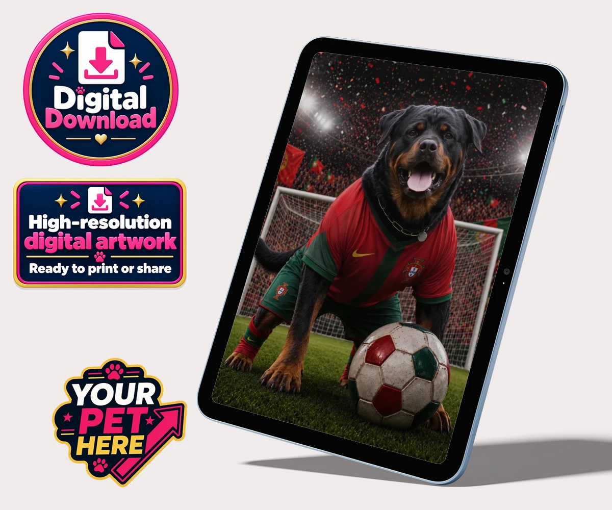 Personalised digital portrait of a dog as a Portugal Footballer, dressed in red and green football kit against a stadium background.
