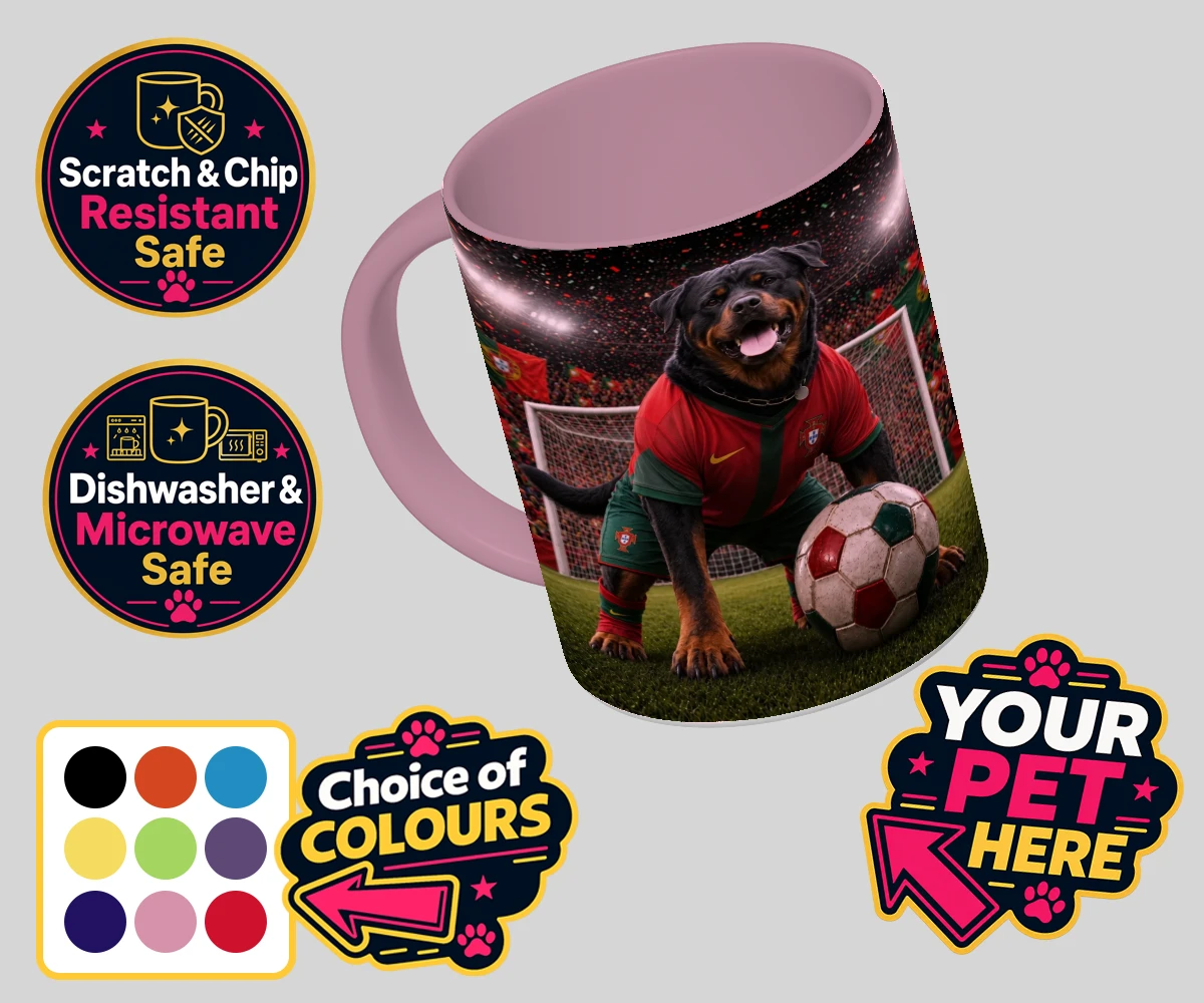 Personalised Portugal Footballer dog coloured photo mugs featuring where your furry friend becomes the star of the pitch!