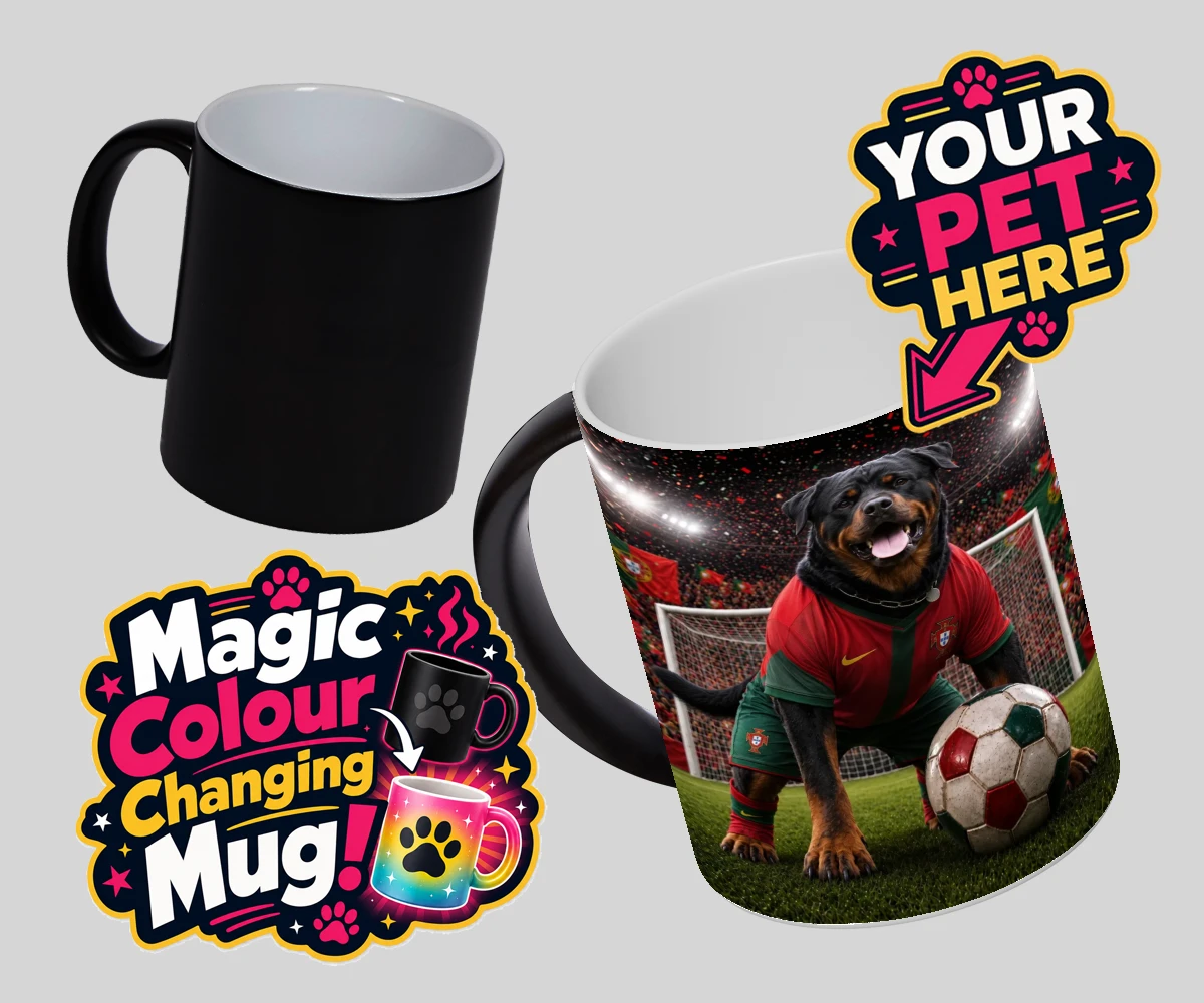 Personalised Portugal Footballer dog magic photo mugs featuring where your furry friend becomes the star of the pitch!