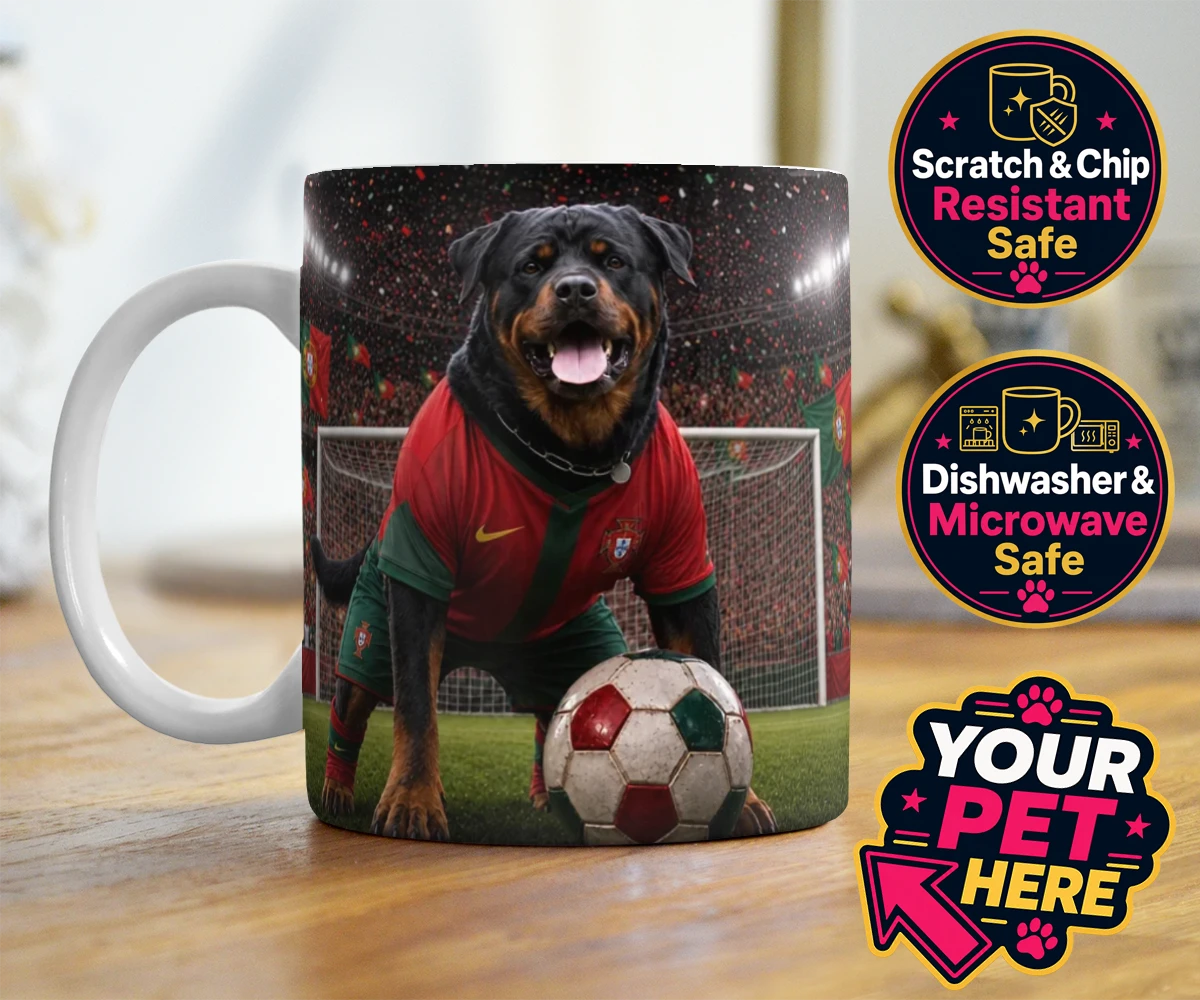 Personalised Portugal Footballer dog photo mugs featuring where your furry friend becomes the star of the pitch!