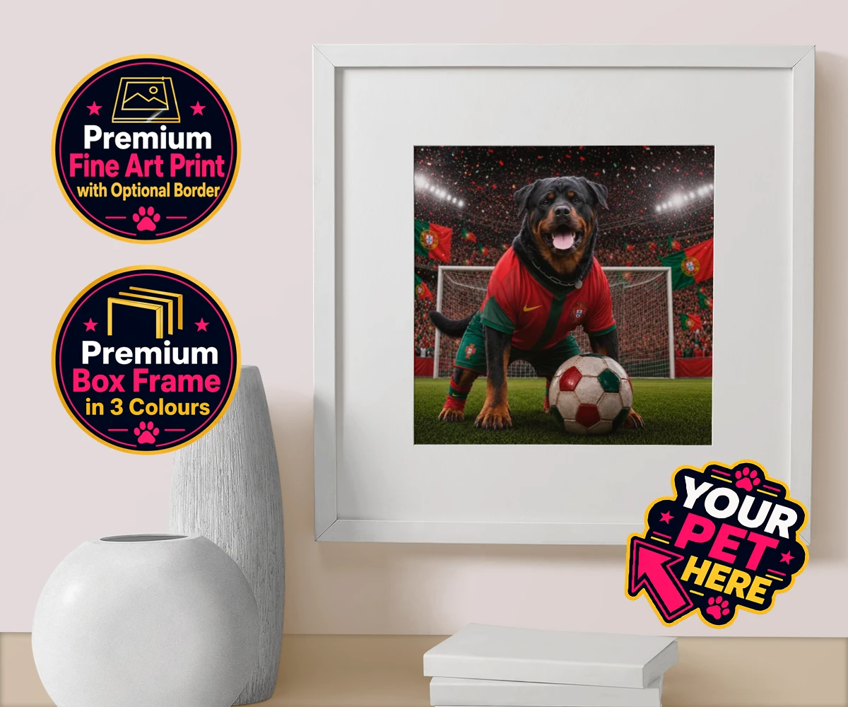 Personalised Portugal Footballer dog box framed print featuring where your furry friend becomes the star of the pitch!