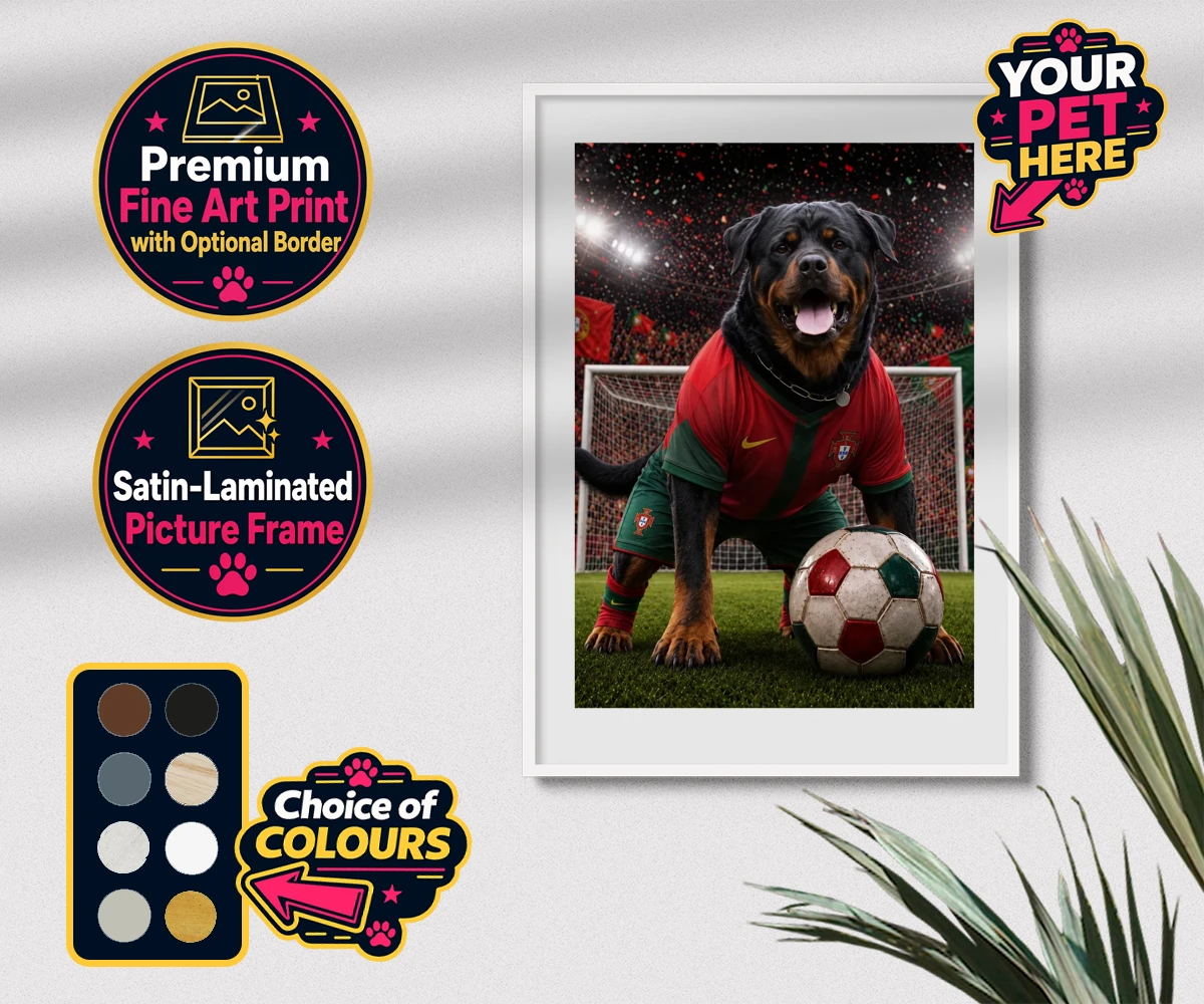 Personalised Portugal Footballer dog premium framed print featuring where your furry friend becomes the star of the pitch!