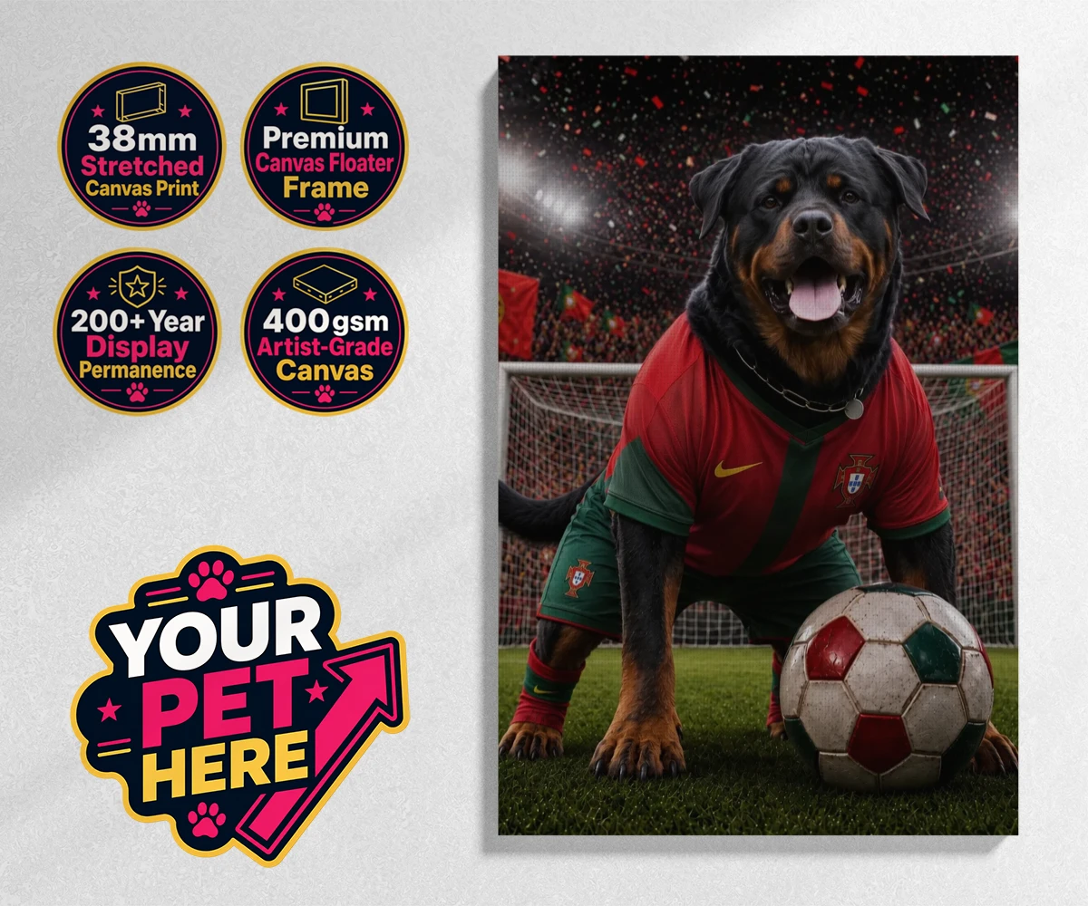 Personalised Portugal Footballer dog stretched canvas print featuring where your furry friend becomes the star of the pitch!