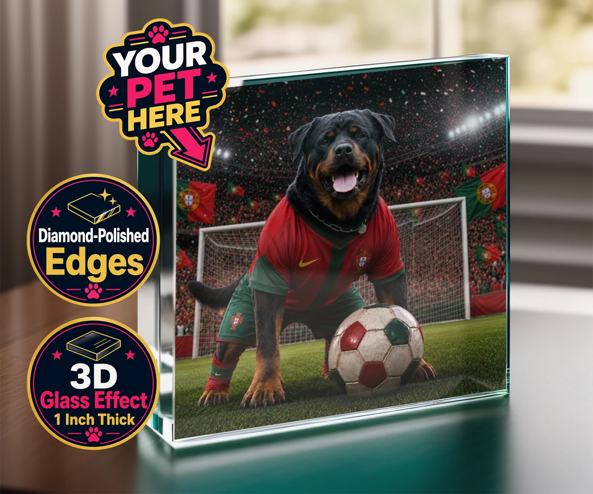 Personalised Portugal Footballer dog acrylic prisms featuring where your furry friend becomes the star of the pitch!