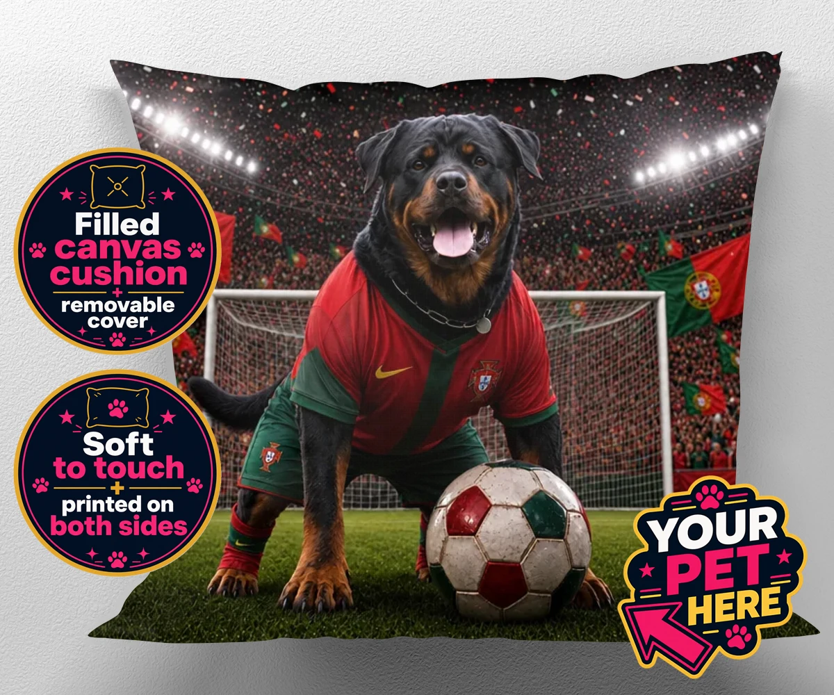 Personalised Portugal Footballer dog canvas cushions featuring where your furry friend becomes the star of the pitch!