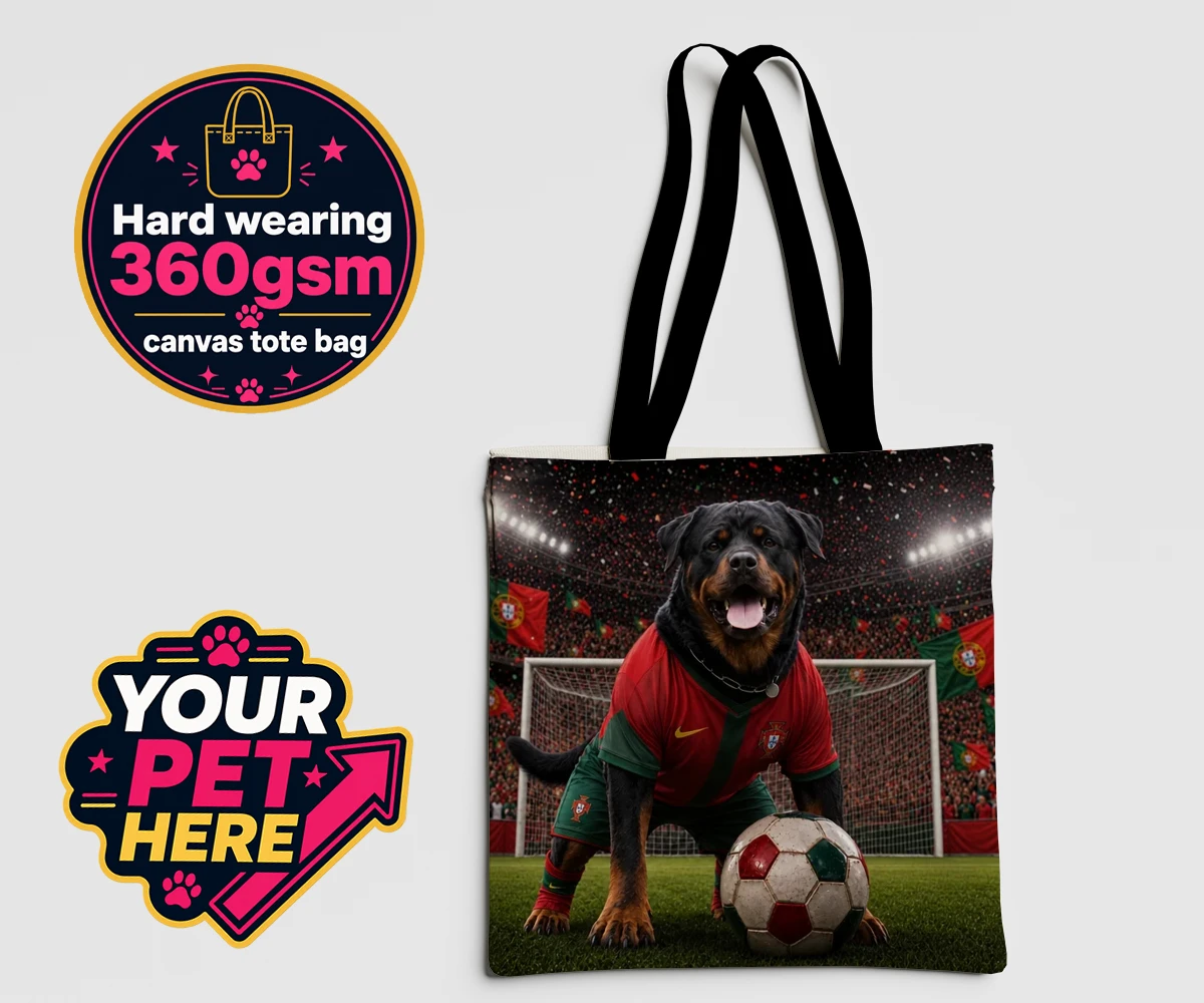 Personalised Portugal Footballer dog canvas tote bags featuring where your furry friend becomes the star of the pitch!