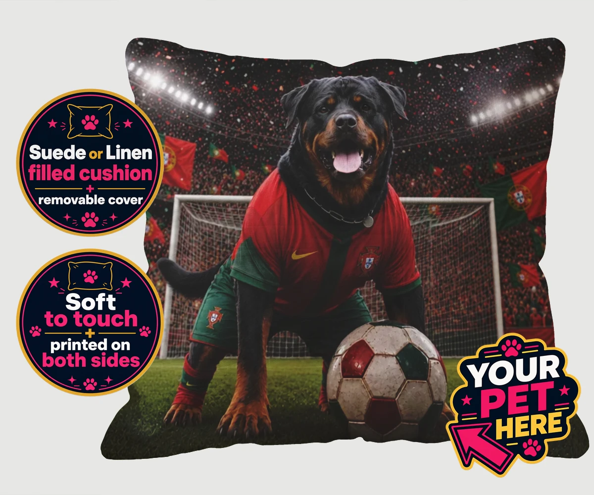 Personalised Portugal Footballer dog cushions featuring where your furry friend becomes the star of the pitch!