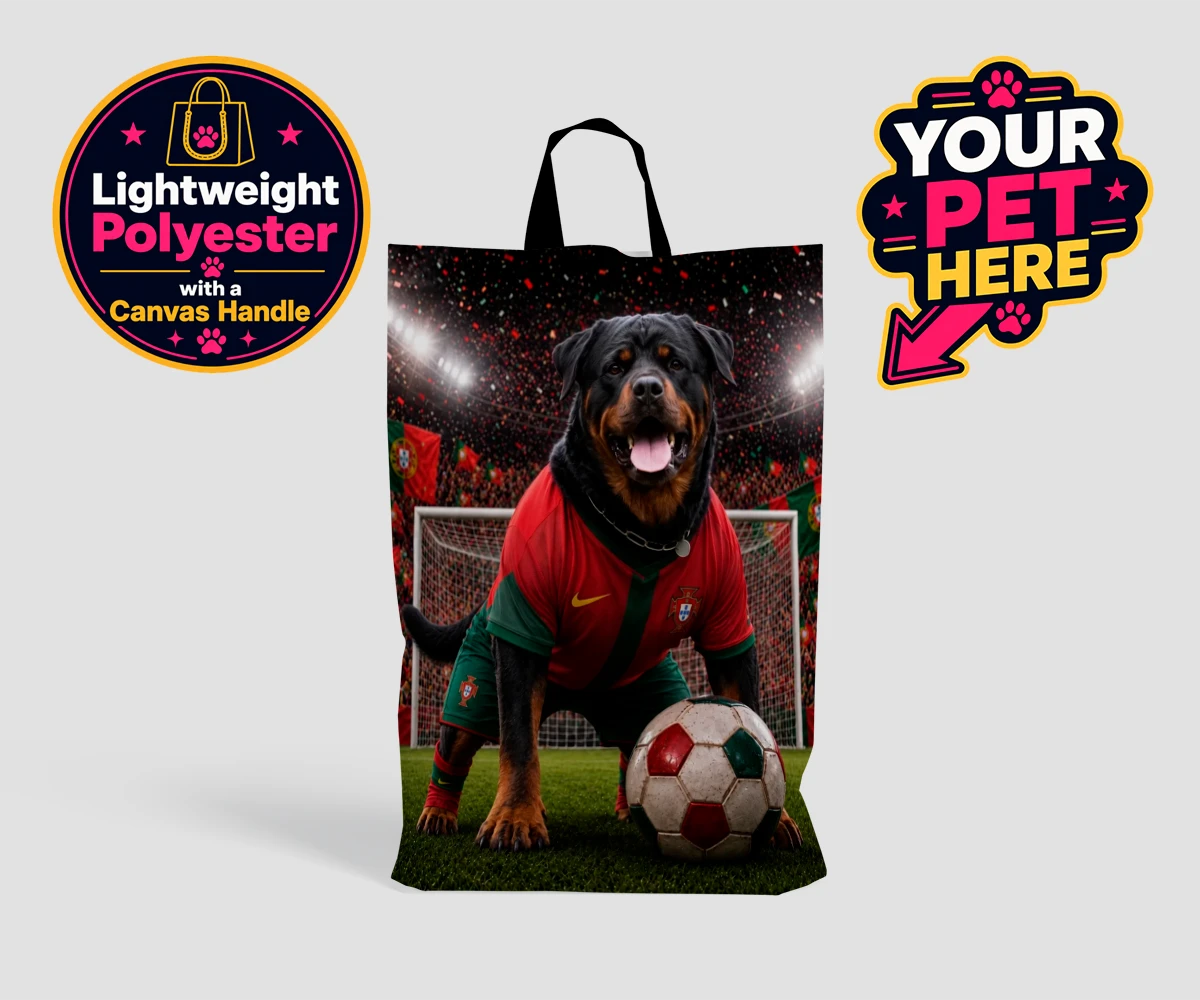 Personalised Portugal Footballer dog shopping bags featuring where your furry friend becomes the star of the pitch!