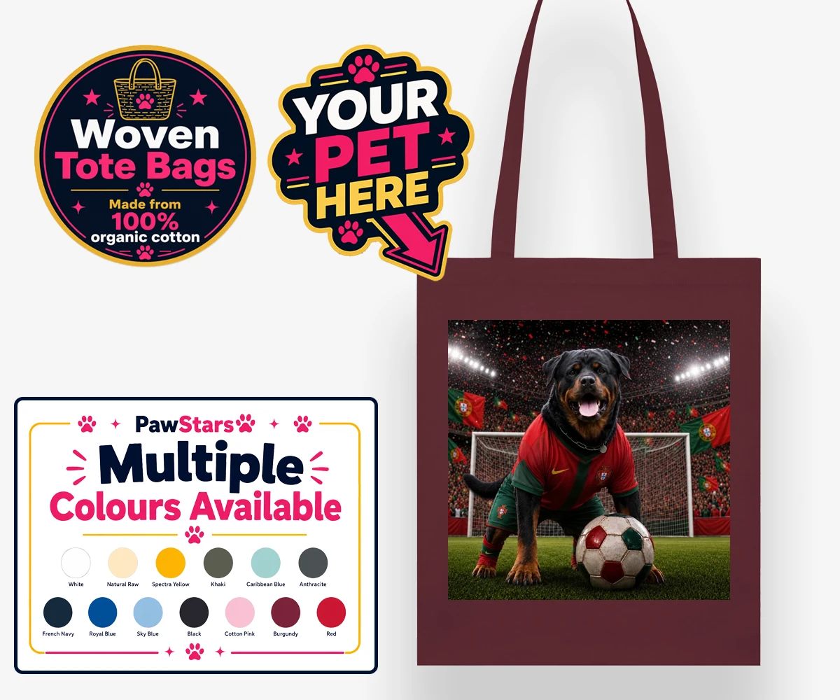 Personalised Portugal Footballer dog woven tote bags featuring where your furry friend becomes the star of the pitch!