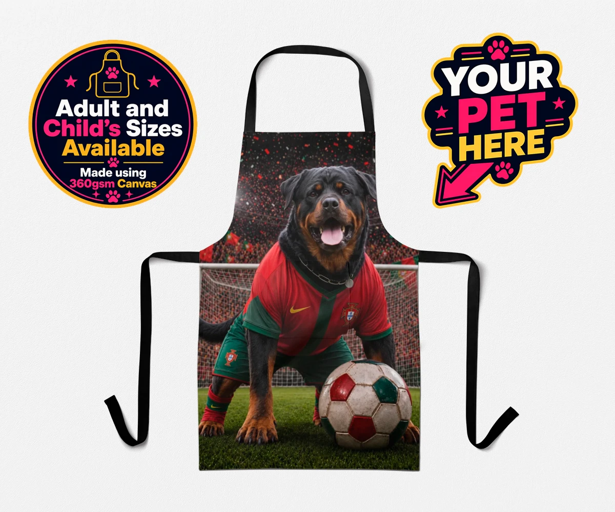 Personalised Portugal Footballer dog aprons featuring where your furry friend becomes the star of the pitch!