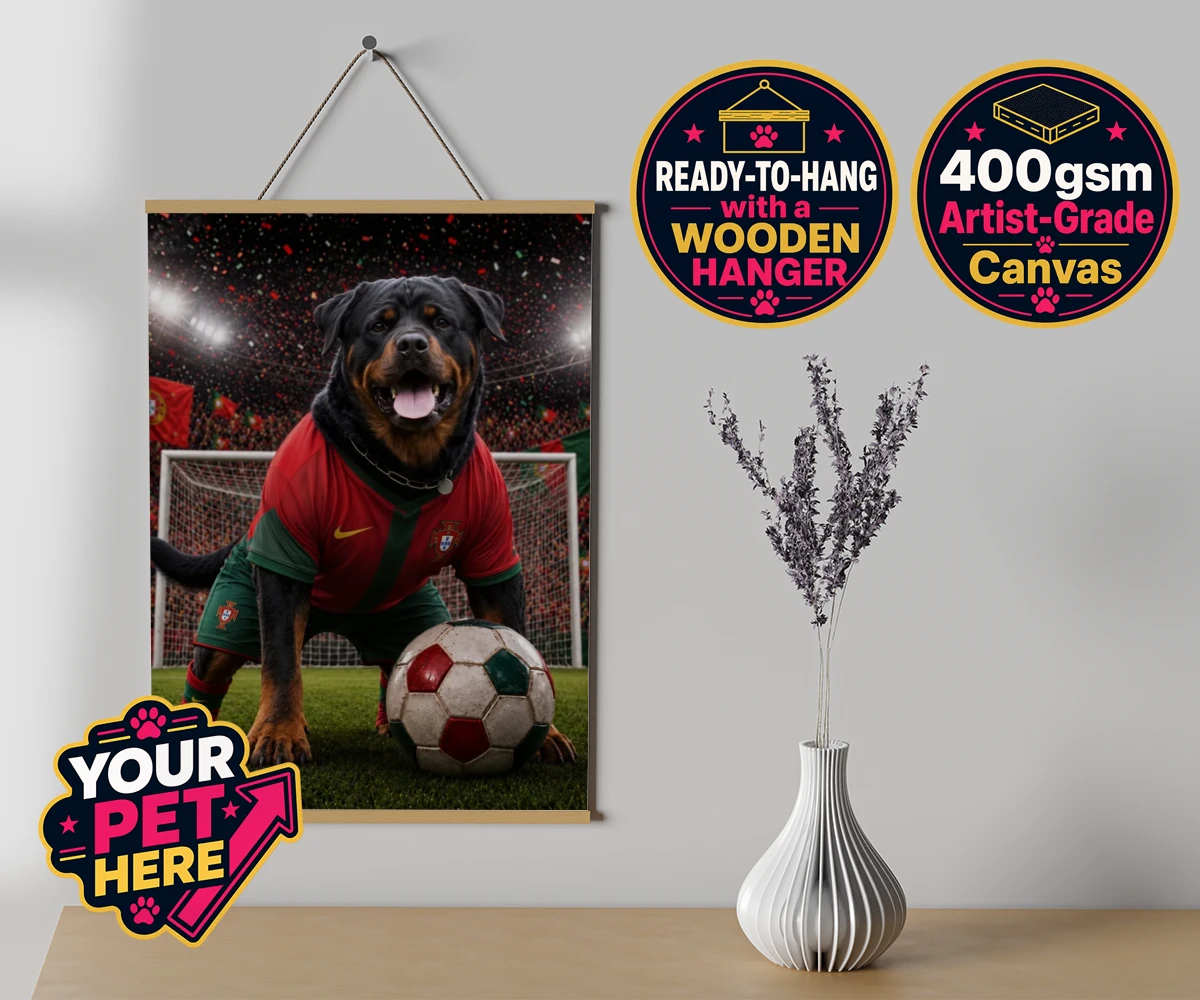 Personalised Portugal Footballer dog canvas poster prints with hanger featuring where your furry friend becomes the star of the pitch!