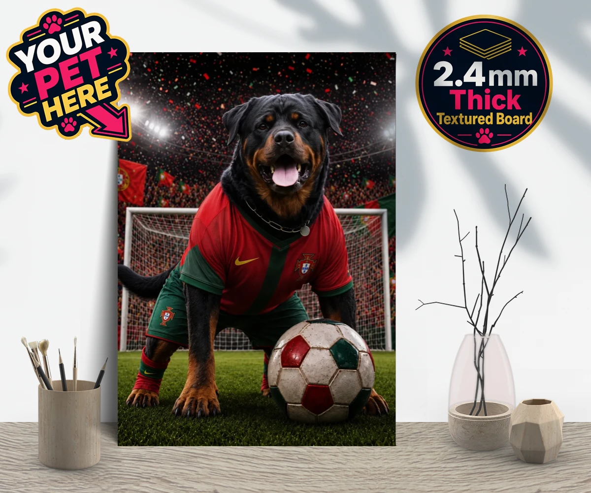 Personalised Portugal Footballer dog gallery boards featuring where your furry friend becomes the star of the pitch!