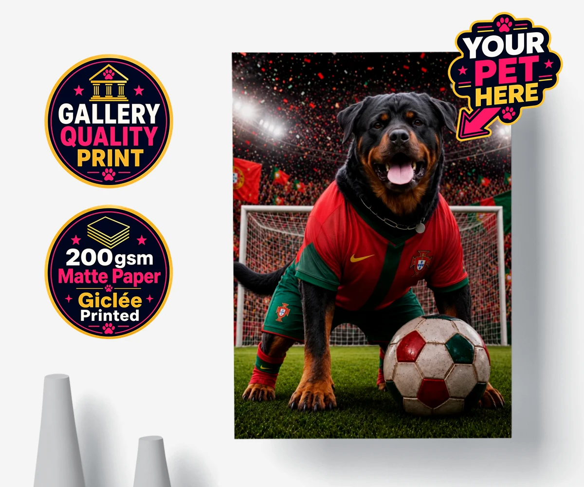 Personalised Portugal Footballer dog premium poster print featuring where your furry friend becomes the star of the pitch!