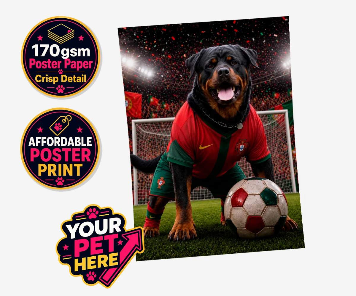 Personalised Portugal Footballer dog standard poster print featuring where your furry friend becomes the star of the pitch!