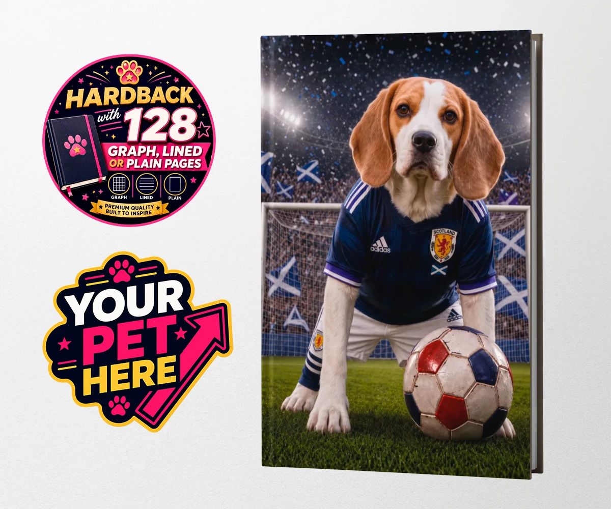 Personalised Scotland Footballer dog hardback notebooks featuring where your dog takes centre stage as the ultimate sports star!