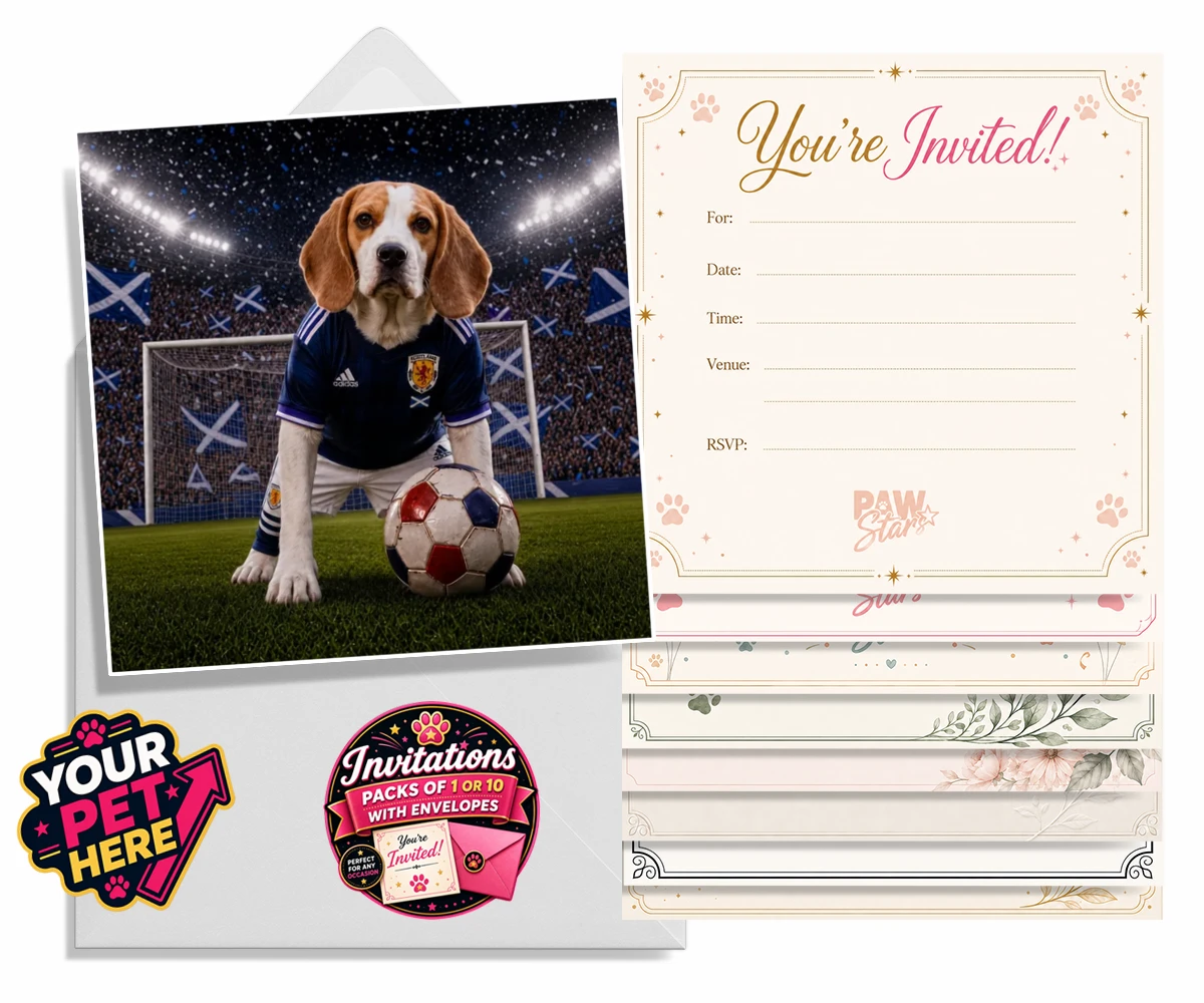 Personalised Scotland Footballer dog invitations featuring where your dog takes centre stage as the ultimate sports star!