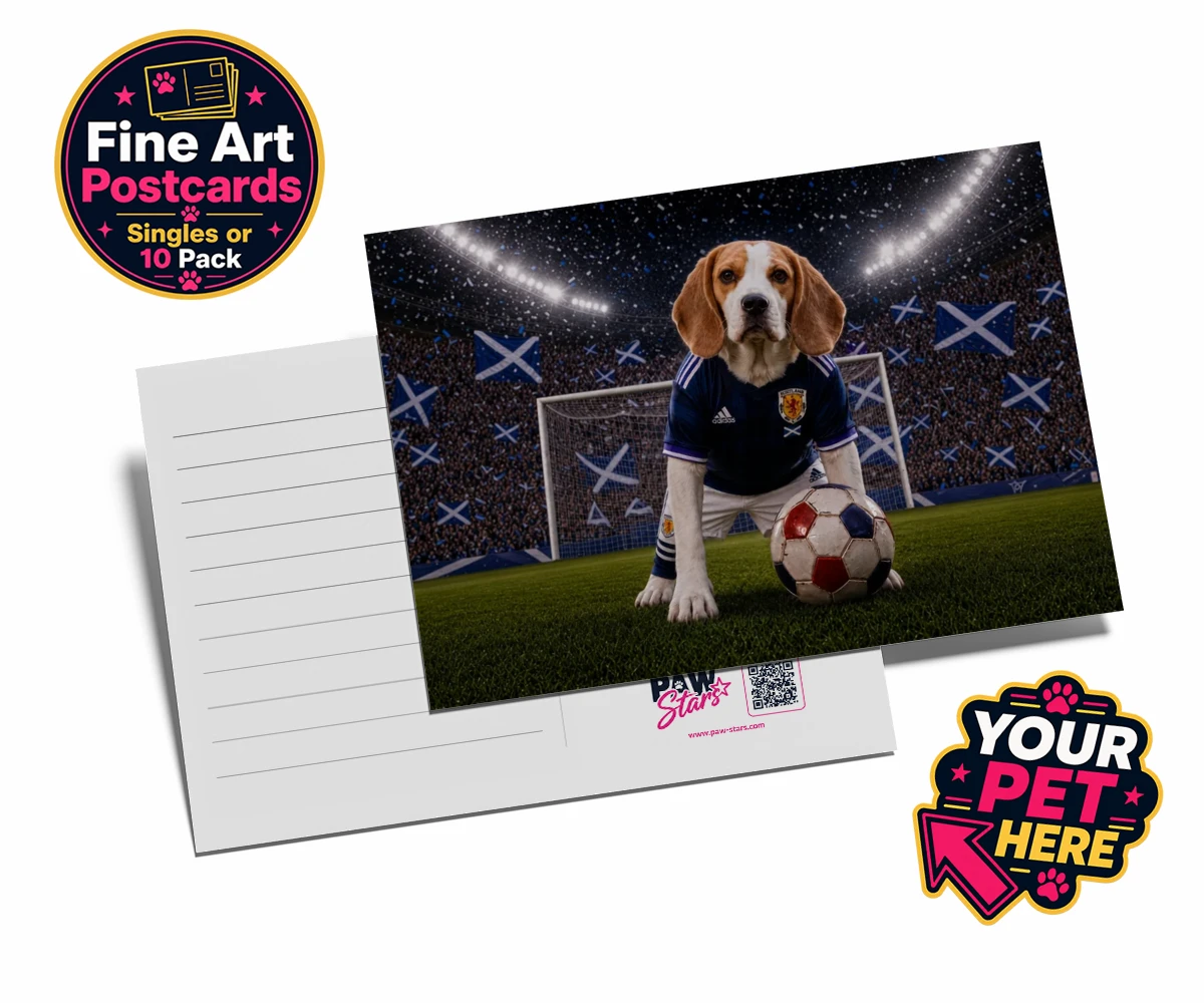 Personalised Scotland Footballer dog postcards featuring where your dog takes centre stage as the ultimate sports star!