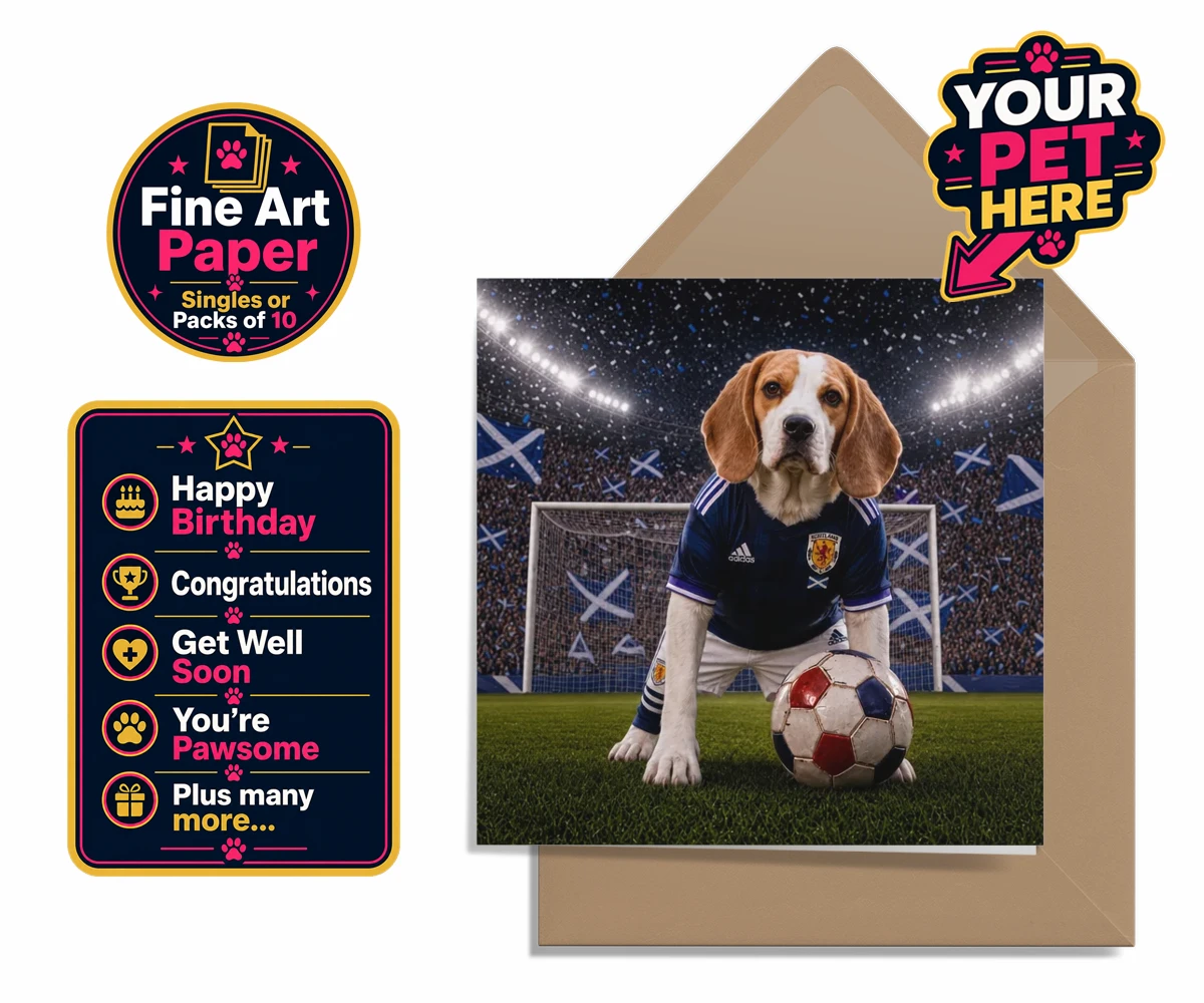 Personalised Scotland Footballer dog premium greetings cards featuring where your dog takes centre stage as the ultimate sports star!