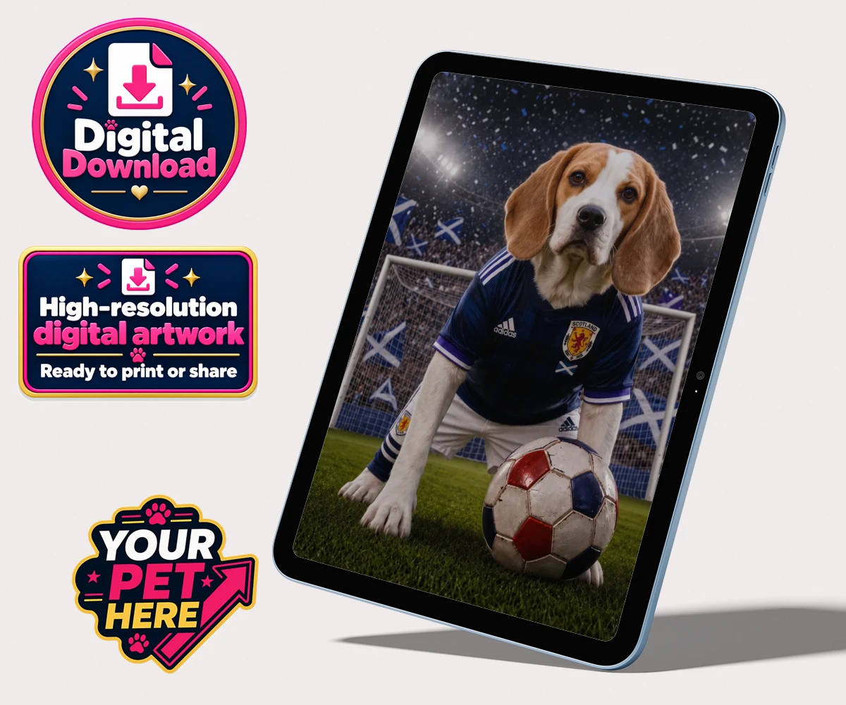 Personalised Scotland Footballer dog personalised digital downloads featuring where your dog takes centre stage as the ultimate sports star!