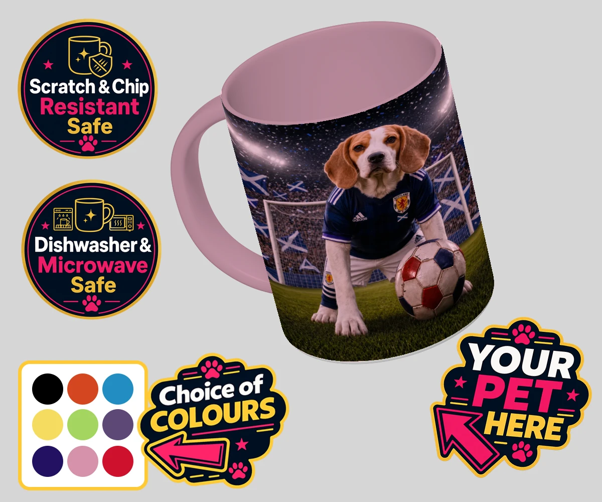 Personalised Scotland Footballer dog coloured photo mugs featuring where your dog takes centre stage as the ultimate sports star!