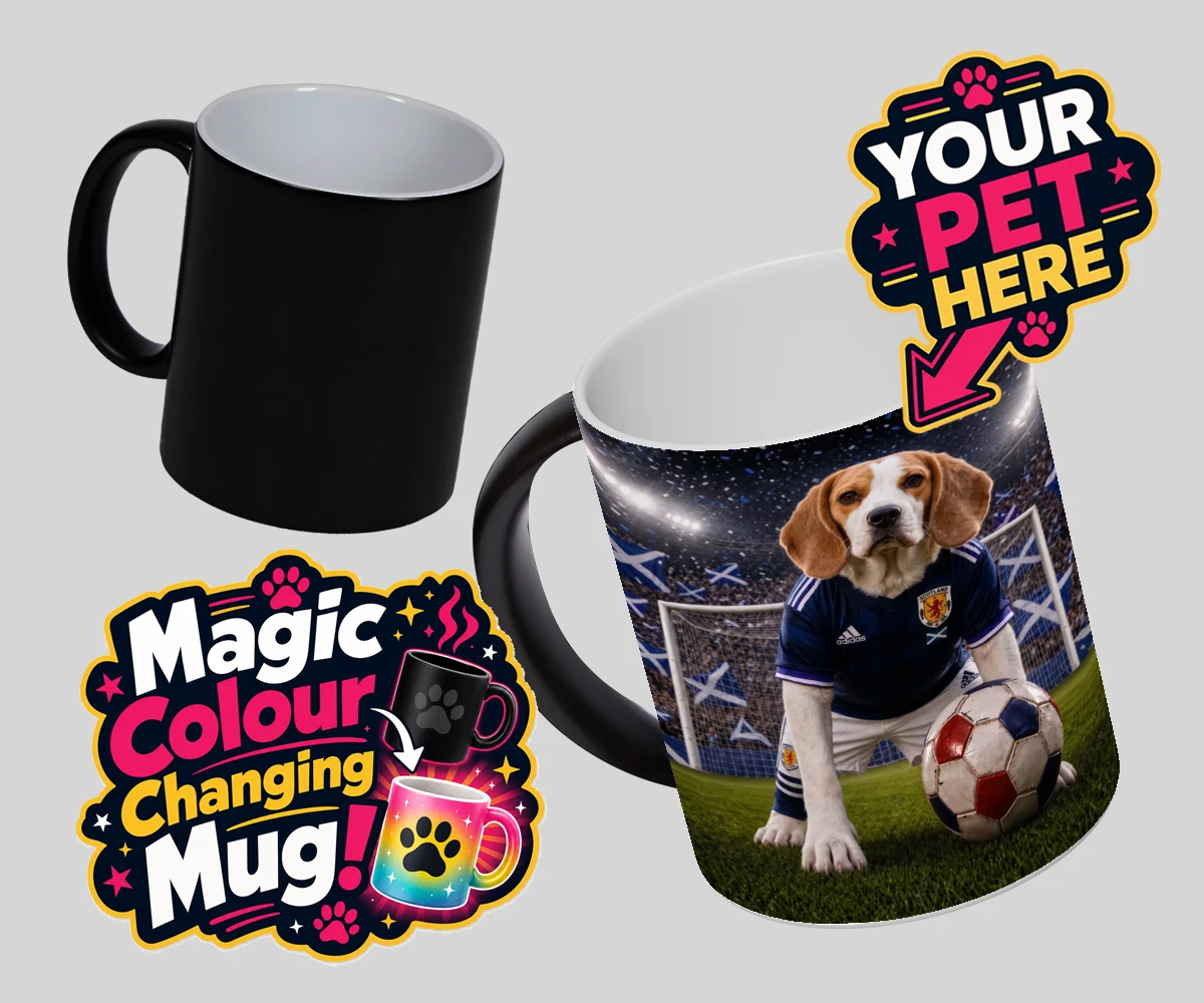 Personalised Scotland Footballer dog magic photo mugs featuring where your dog takes centre stage as the ultimate sports star!