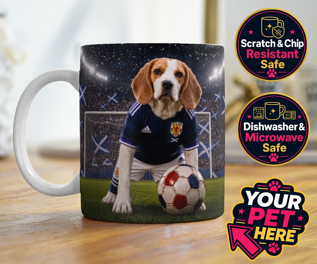 Personalised Scotland Footballer dog photo mugs featuring where your dog takes centre stage as the ultimate sports star!