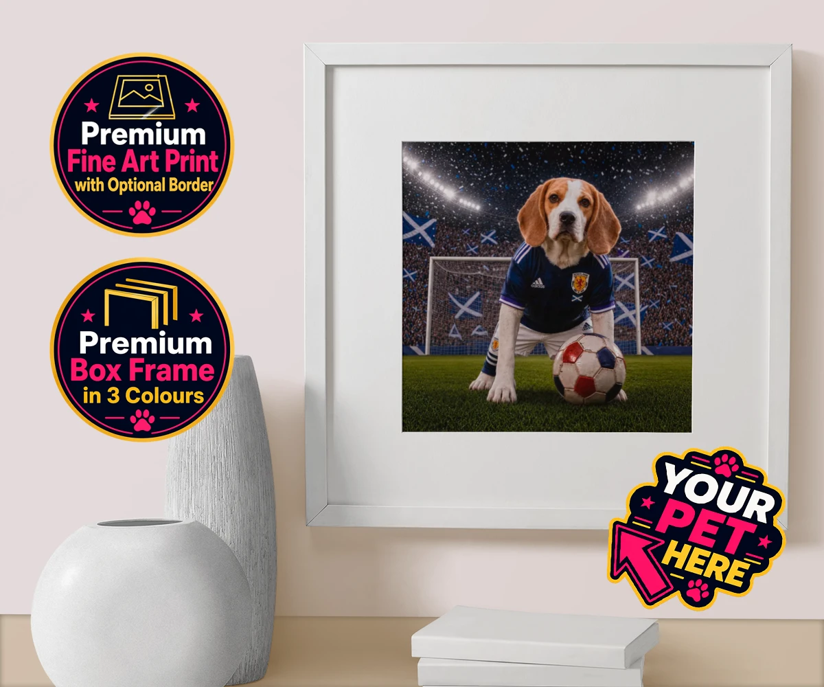 Personalised Scotland Footballer dog box framed print featuring where your dog takes centre stage as the ultimate sports star!