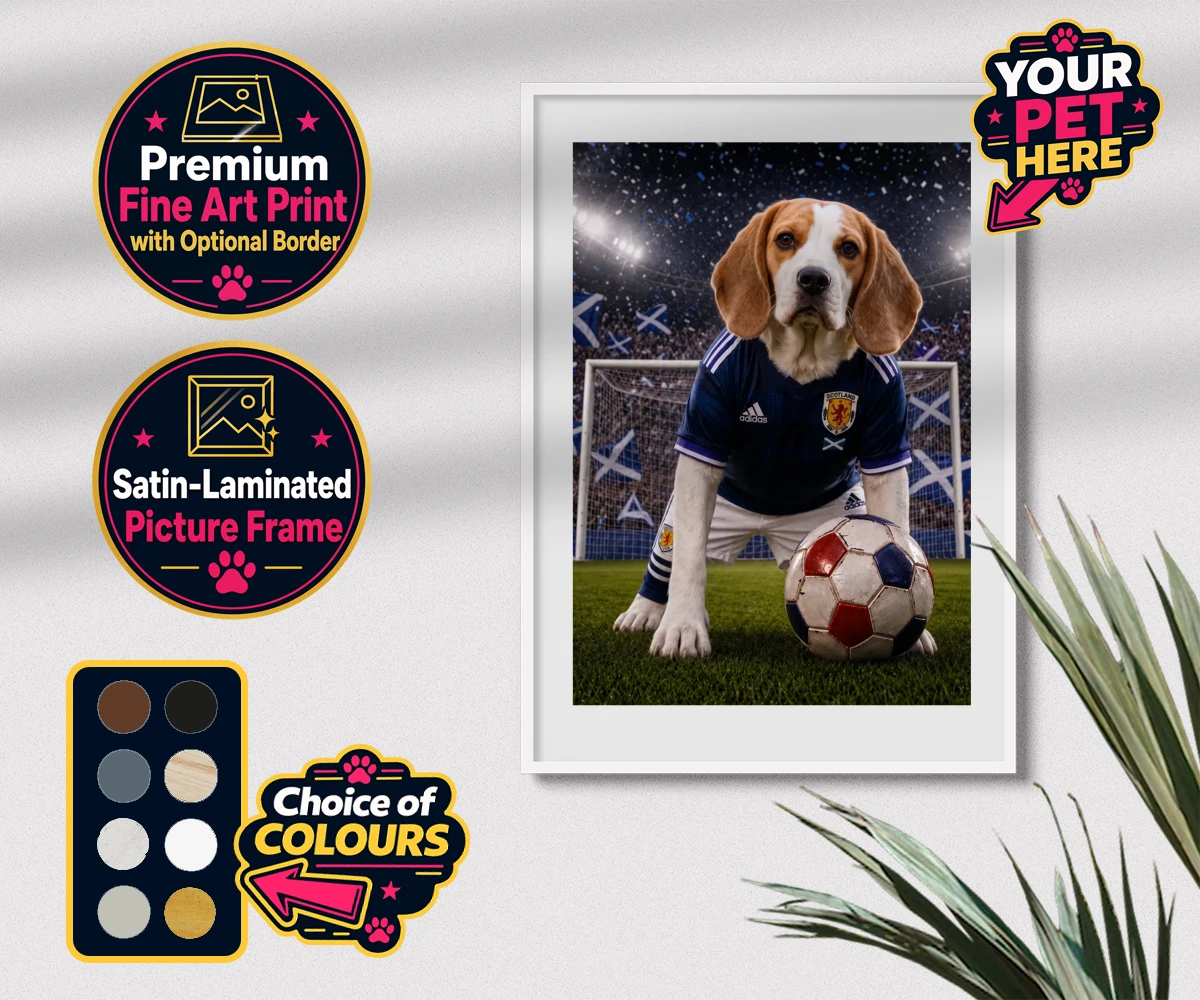 Personalised Scotland Footballer dog premium framed print featuring where your dog takes centre stage as the ultimate sports star!