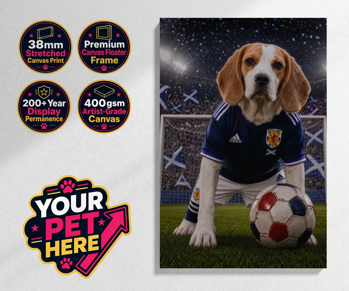 Personalised Scotland Footballer dog stretched canvas print featuring where your dog takes centre stage as the ultimate sports star!
