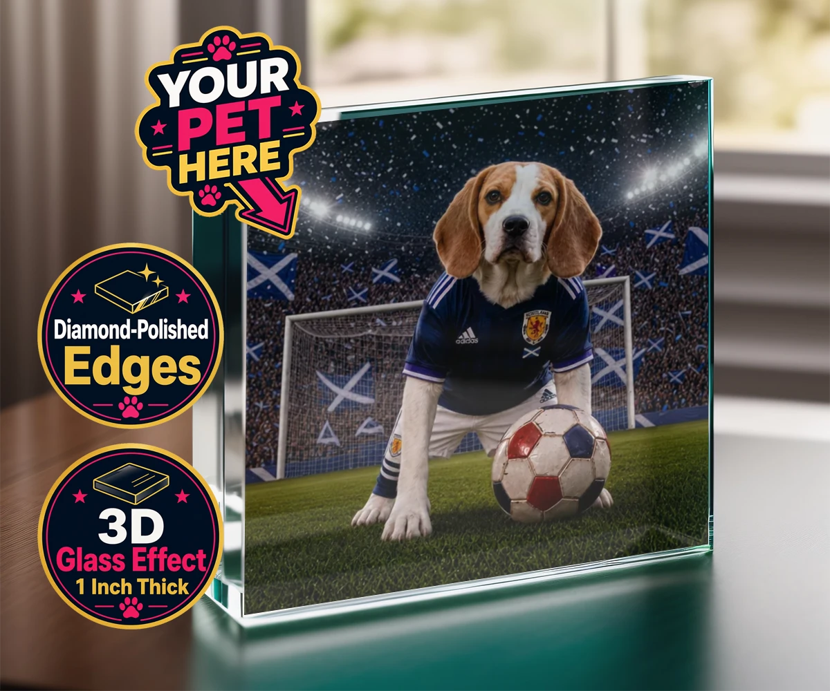 Personalised Scotland Footballer dog acrylic prisms featuring where your dog takes centre stage as the ultimate sports star!