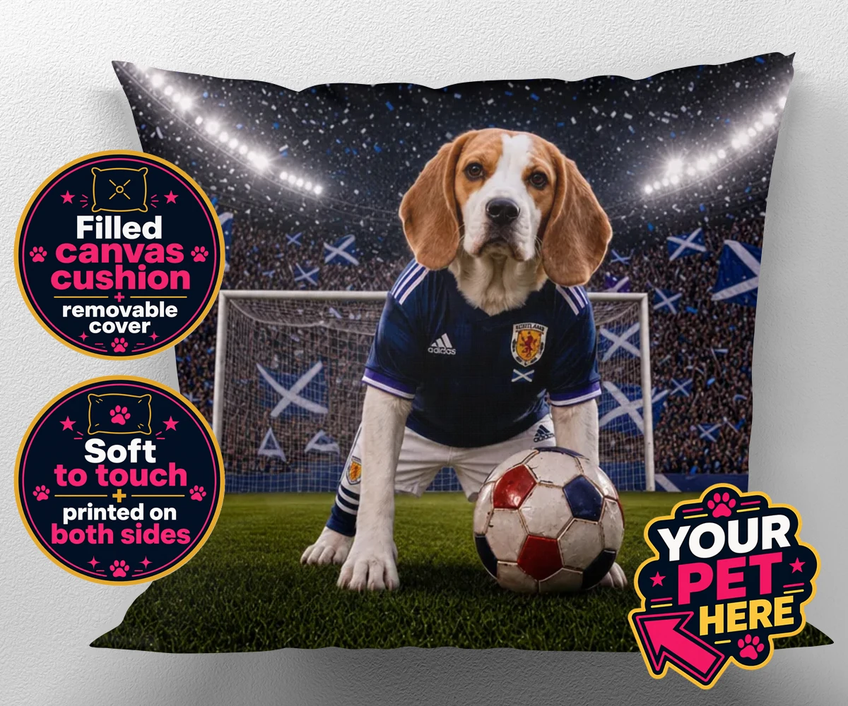 Personalised Scotland Footballer dog canvas cushions featuring where your dog takes centre stage as the ultimate sports star!
