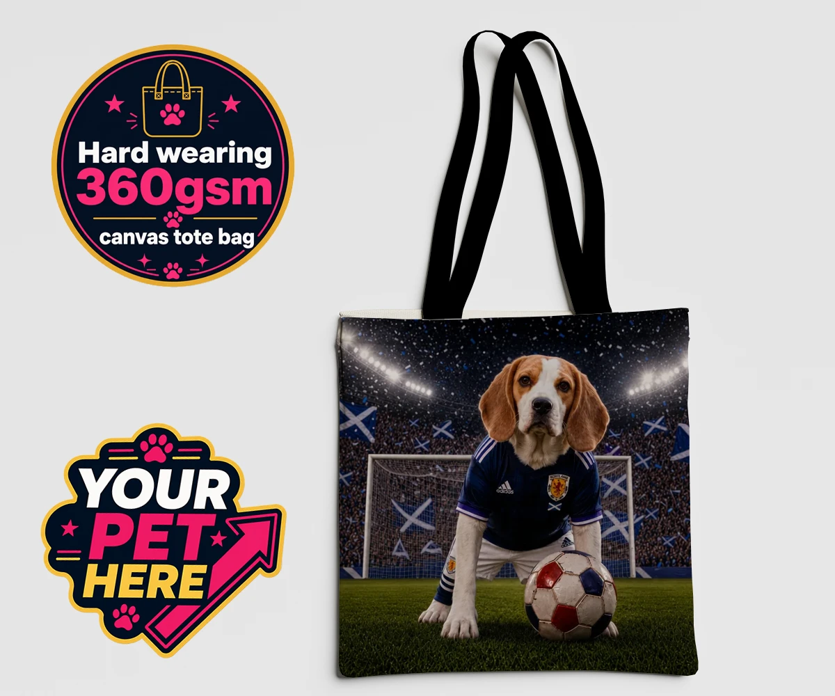 Personalised Scotland Footballer dog canvas tote bags featuring where your dog takes centre stage as the ultimate sports star!