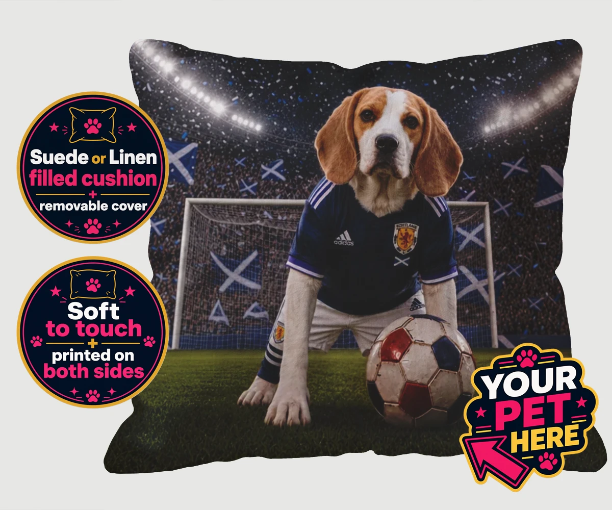 Personalised Scotland Footballer dog cushions featuring where your dog takes centre stage as the ultimate sports star!