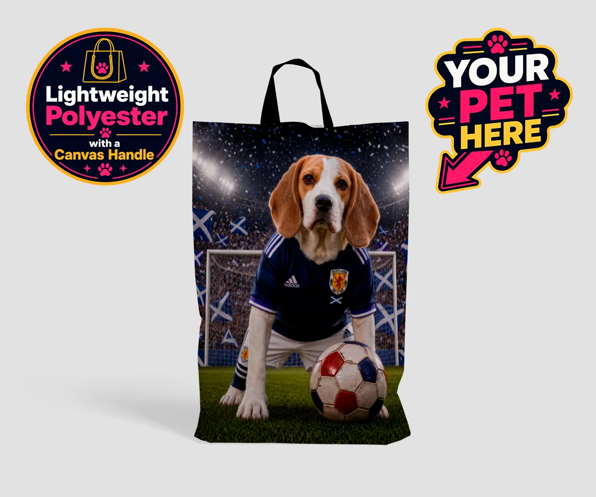 Personalised Scotland Footballer dog shopping bags featuring where your dog takes centre stage as the ultimate sports star!