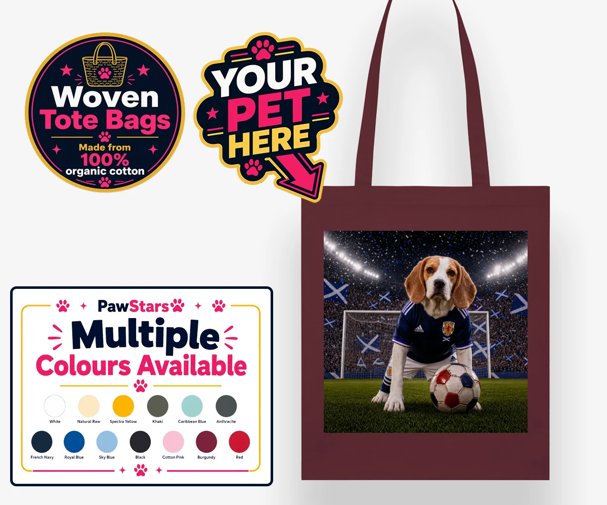 Personalised Scotland Footballer dog woven tote bags featuring where your dog takes centre stage as the ultimate sports star!