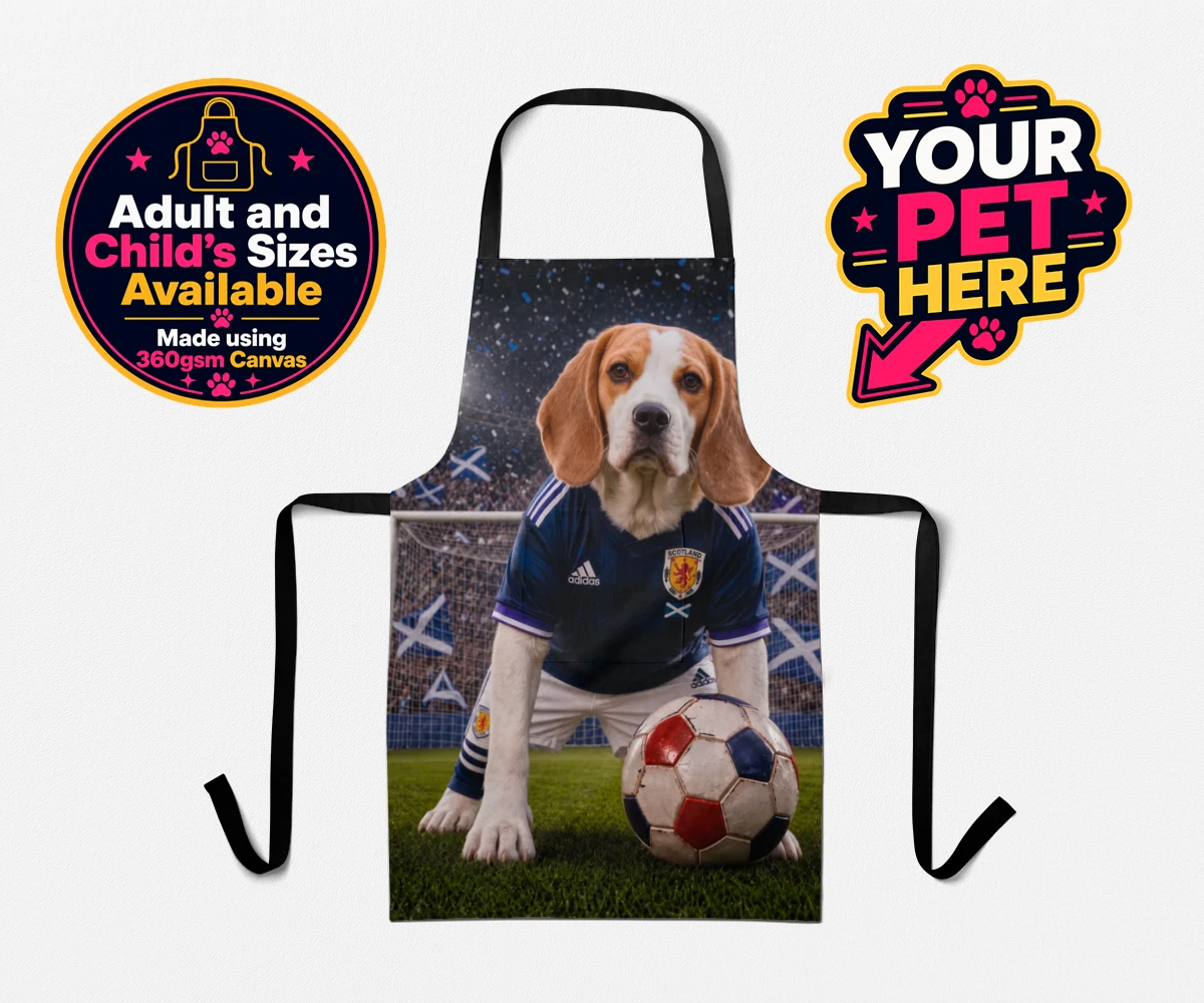 Personalised Scotland Footballer dog aprons featuring where your dog takes centre stage as the ultimate sports star!