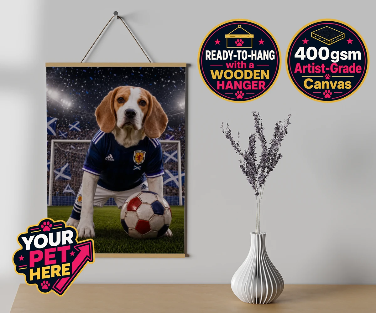 Personalised Scotland Footballer dog canvas poster prints with hanger featuring where your dog takes centre stage as the ultimate sports star!