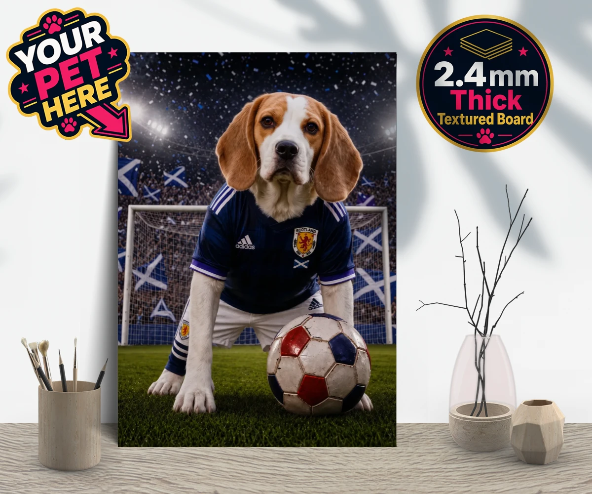 Personalised Scotland Footballer dog gallery boards featuring where your dog takes centre stage as the ultimate sports star!