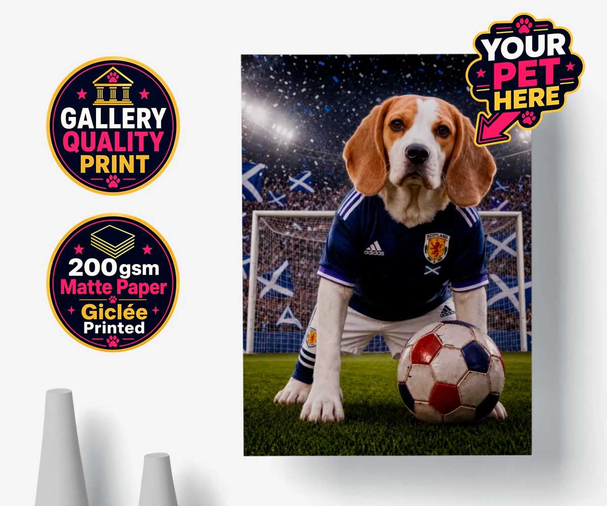 Personalised Scotland Footballer dog premium poster print featuring where your dog takes centre stage as the ultimate sports star!